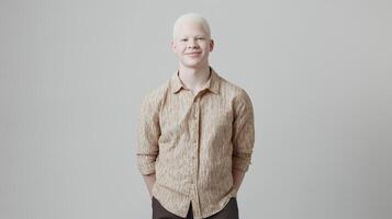 Young Hispanic Man with Albinism in Casual Attire, Studio Portrait for Inclusivity and Diversity Concepts in Media photo