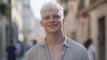 Portrait of a Smiling Young Italian Albino Man in an Urban Setting, Ideal for Diversity, Equality Concepts photo