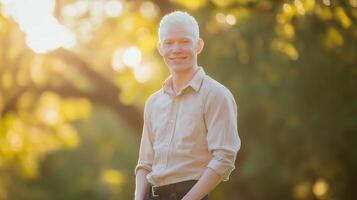 Outdoor Portrait of a Smiling MiddleAged Albino Man in Nature Setting for Diversity and Inclusion Concepts photo