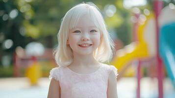 Cheerful Young Albino Girl Outdoors in Playground, Bright Sunny Day Concept, External Appearance Diversity for Educational and Cultural Representation photo