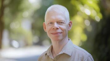 Portrait of a Middle Aged Albino Man with a Warm Smile in a Lush Outdoor Setting, Embracing Diversity photo