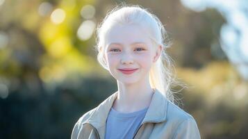 Portrait of a Smiling Teenage Girl with Albinism in a Sunlit Outdoor Setting Diversity Awareness, Stock Photography for Print, Web, and Design Use photo