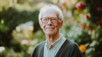 Elderly British Man with Albino Traits Smiling in Lush Garden Setting Suitable for Cards, Posters, and Print Design photo
