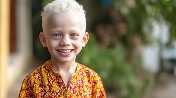 Cheerful Young Boy with Albinism in Traditional Bangladeshi Attire Smiling in Natural Setting photo