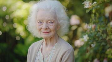 Elderly British Albino Woman in a Blooming Garden, Smiling, Representing Diversity and Aging Gracefully, Ideal for Nature and Lifestyle Print, Card, Poster photo