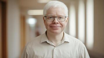 Middleaged Polish Man with Albinism Smiling in Casual Office Setting, Stock Photography for Diversity and Inclusion photo
