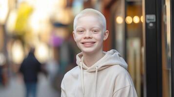 Portrait of a British Teenage Boy with Albinism in Casual Urban Setting photo
