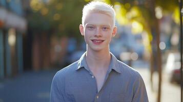 Confident Young Albino Man in Urban Setting, Focused on Diversity and Inclusion for Social Media and Web Design photo