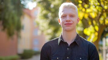 Young Polish Man with Albinism Smiling in Sunlit Outdoor Park in Autumn photo