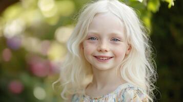 Albino British Girl with Bright Smile in a Lush Garden Setting Perfect for SpringThemed Projects Posters and Cards photo