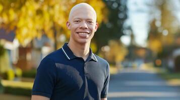 Smiling African American Albino Man Outdoors in a Suburban Neighborhood on a Sunny Day, Perfect for Diversity and Lifestyle Concepts photo