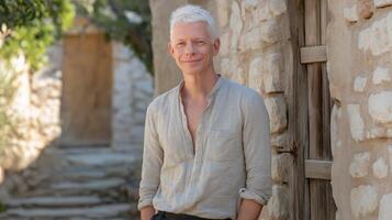 Portrait of Middleaged Albino Man in Rustic Outdoor Setting Reflecting Elegance and Authenticity for Stock Photography and Design Use photo