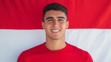 Confident Young Man Posing Smiling Expressively Against Red and White Background, Ideal for Marketing, Advertising, and Personal Branding Projects photo