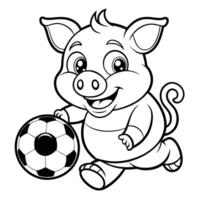 Cartoon Pig Playing with a Ball in a Simple Outline Drawing vector