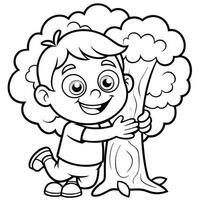 Child Embracing Tree in Heartwarming Coloring Page vector