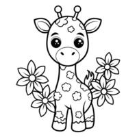 Adorable Coloring Page Featuring a Cute and Friendly Giraffe Surrounded by Beautiful Flowers vector