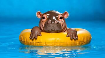 Cute Hippopotamus in Pool Floaty on Bright Blue Background photo