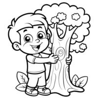 Young Boy Embracing a Lush Tree for a Warm Nature Connection vector