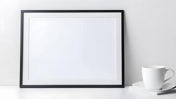 Blank black wooden rectangle horizontal frame mockup on white table with a white cup of coffee for creative design against white background photo
