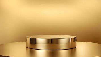 One shiny golden bold round podium stage cosmetic product display mock up on big circle stage with gold background scene photo
