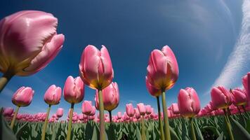 Close up of blooming pink tulip with tulips field and clear blue sky scene background captured by ultra wide lens from low angle view photo