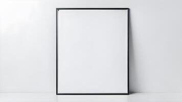 Blank black plastic rectangle vertical frame mockup on white table for creative design against white background photo