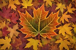 Top view of one orange maple tree leaves on ground in Autumn seasonal scene photo
