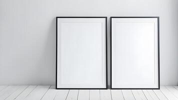Two piece of blank black plastic rectangle vertical frame mockup with border inside on white wood floor for creative design against white background photo