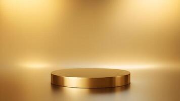 One shiny golden round podium stage cosmetic product display mock up with gold background scene photo