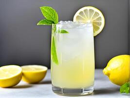 Close up side view of lemonade juice in glass adorned with lemon sliced and mint leaf decorated by one lemon fruit and two sliced lemon photo