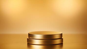 Two stacked matte golden round podium stage textured cosmetic product display mock up with gold background scene photo