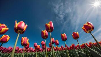 Close up of blooming red mix yellow tulip with tulips field against cloudy blue sky and sun light ray scene background captured by ultra wide lens from low angle view photo