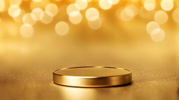 One golden round podium with edges like coin stage cosmetic product display mock up with gold light bokeh background scene photo