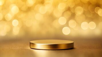 One matte golden round podium stage cosmetic product display mock up with gold light bokeh background scene photo