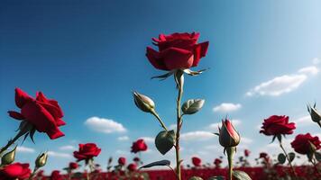 Close up of blooming one red rose in center compose with roses field and clear blue sky scene background captured from low angle photo