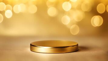 One shiny golden round podium stage cosmetic product display mock up with gold light bokeh background scene photo