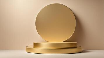 Two stacked matte golden round podium stage cosmetic product display mock up with gold circle backdrop and cream color background scene photo