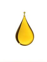 Macro shot of yellow liquid oil drop floating in the air, droplet fluid oil material isolated on white background photo