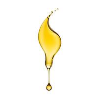 Close up of yellow fluid oil droping floating in the air, droplet dripping liquid oil isolated on white background photo