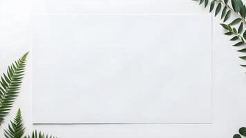 Top view blank space white rectangle paper mock up adorned by tropical plant leaf on white table for creative design photo