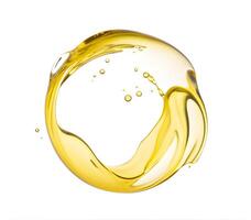 Close up of yellow fluid oil pouring in round shape floating in the air, droplet dripping liquid oil in circle shape isolated on white background photo