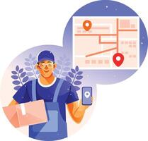 Delivery Man Works Using a Map on a Smartphone vector