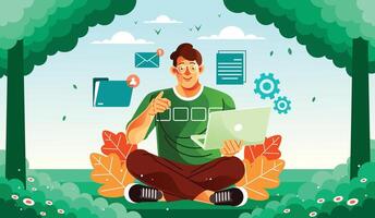 Working with Laptop in Park vector