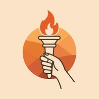 A hand holding a torch with a flame in it vector