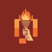 A hand holding a torch with flames coming out of it vector