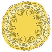 Outline citrus slices and abstract yellow spot Round frame border in trendy minimalism. Copy space. Isolated illustration Cards, poster, leaflets, banner, greetings, price, label or web promo vector