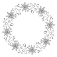 Outline Star Anise, Clove and Allspices Round Frame border with Copyspace. Lettering template idea. Isolated illustration Inscriptions, Thematic cards, poster, leaflets, banners, labesl or web vector