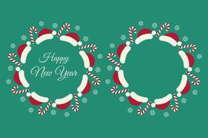 Happy New Year Round Frame with inscription, candy cane and snowflakes and template with copy space. Set of 2 Isolated on emerald illustration Cards, poster, flier, leaflet, label or web promo vector