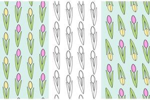 Outline and colorful hand drawn tulips Seamless pattern. Set of 3 Spring flower Greeting Background. Isolated illustration Wrapping, wallpaper or web, poster, banner, brochure, price tag, label vector