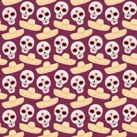Painted Sugar Skulls with mustache and sombrero Seamless pattern Day of the dead festive background. Isolated illustration Wrapping, wallpaper or web, cards, posters, banner, greeting or labels vector